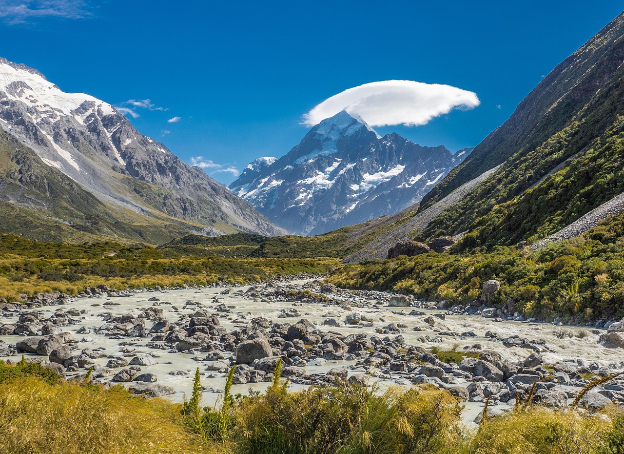 New Zealand mountain and river valley